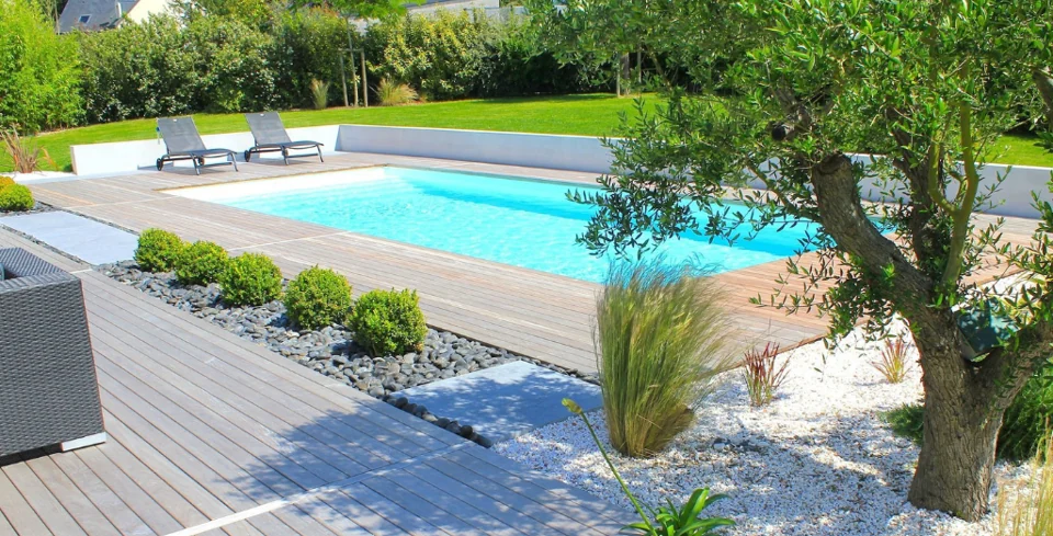 Piscine entourée de dallage et de plantations — photographie d’illustration